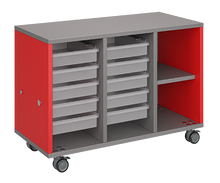 Load image into Gallery viewer, Mobile classroom storage featuring a three-column configuration with two columns of trays and one column of cubbies, customizable laminate finishes, optional doors, and durable casters for flexible classroom storage.