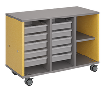 Load image into Gallery viewer, Mobile classroom storage featuring a three-column configuration with two columns of trays and one column of cubbies, customizable laminate finishes, optional doors, and durable casters for flexible classroom storage.
