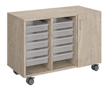 Load image into Gallery viewer, Mobile classroom storage featuring a three-column configuration with two columns of trays and one column of cubbies, customizable laminate finishes, optional doors, and durable casters for flexible classroom storage.