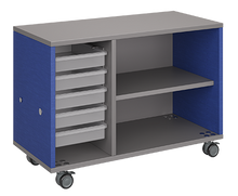 Load image into Gallery viewer, Mobile classroom storage unit with a two-column configuration, one trays and one open shelves, customizable laminate finishes, optional doors, and durable rolling casters.