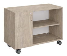Load image into Gallery viewer, Mobile classroom storage unit with a two-column configuration, one trays and one open shelves, customizable laminate finishes, optional doors, and durable rolling casters.