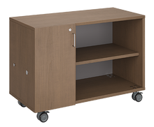 Load image into Gallery viewer, Mobile classroom storage unit with a two-column configuration, one trays and one open shelves, customizable laminate finishes, optional doors, and durable rolling casters.
