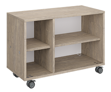 Load image into Gallery viewer, Mobile classroom storage unit with a two-column configuration, one trays and one open shelves, customizable laminate finishes, optional doors, and durable rolling casters.