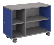 Load image into Gallery viewer, Mobile classroom storage unit with a two-column configuration, one trays and one open shelves, customizable laminate finishes, optional doors, and durable rolling casters.