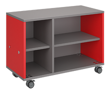 Load image into Gallery viewer, Mobile classroom storage unit with a two-column configuration, one trays and one open shelves, customizable laminate finishes, optional doors, and durable rolling casters.