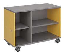 Load image into Gallery viewer, Mobile classroom storage unit with a two-column configuration, one trays and one open shelves, customizable laminate finishes, optional doors, and durable rolling casters.