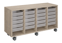 Load image into Gallery viewer, Mobile classroom storage unit with four tray columns, customizable laminate finishes, optional doors, and durable casters for organized, flexible storage.