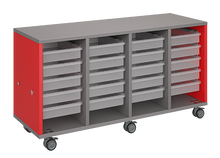 Load image into Gallery viewer, Mobile classroom storage unit with four tray columns, customizable laminate finishes, optional doors, and durable casters for organized, flexible storage.