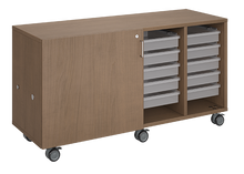 Load image into Gallery viewer, Mobile classroom storage unit with four tray columns, customizable laminate finishes, optional doors, and durable casters for organized, flexible storage.