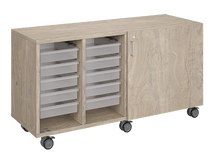 Load image into Gallery viewer, Mobile classroom storage unit with four tray columns, customizable laminate finishes, optional doors, and durable casters for organized, flexible storage.