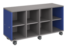 Load image into Gallery viewer, Mobile classroom storage unit with four cubby columns, customizable laminate finishes, optional doors, and durable casters for organized, flexible storage.