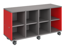 Load image into Gallery viewer, Mobile classroom storage with four cubby columns, customizable laminate finishes, optional doors, and durable casters for organized, flexible storage.