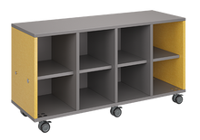 Load image into Gallery viewer, Mobile classroom storage unit with four cubby columns, customizable laminate finishes, optional doors, and durable casters for organized, flexible storage.