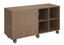 Load image into Gallery viewer, Mobile classroom storage unit with four cubby columns, customizable laminate finishes, optional doors, and durable casters for organized, flexible storage.