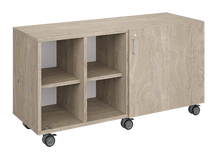 Load image into Gallery viewer, Mobile classroom storage unit with four cubby columns, customizable laminate finishes, optional doors, and durable casters for organized, flexible storage.