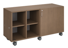 Load image into Gallery viewer, Mobile classroom storage unit with four cubby columns, customizable laminate finishes, optional doors, and durable casters for organized, flexible storage.