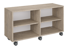 Load image into Gallery viewer, Mobile classroom storage unit with two shelving columns, customizable laminate finishes, optional doors, and durable casters for organized, flexible storage.
