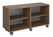 Load image into Gallery viewer, Mobile classroom storage unit with two shelving columns, customizable laminate finishes, optional doors, and durable casters for organized, flexible storage.