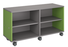 Load image into Gallery viewer, Mobile classroom storage unit with two shelving columns, customizable laminate finishes, optional doors, and durable casters for organized, flexible storage.