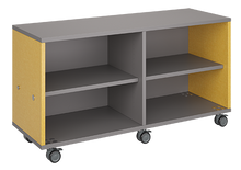Load image into Gallery viewer, Mobile classroom storage unit with two shelving columns, customizable laminate finishes, optional doors, and durable casters for organized, flexible storage.