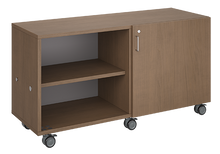 Load image into Gallery viewer, Mobile classroom storage unit with two shelving columns, customizable laminate finishes, optional doors, and durable casters for organized, flexible storage.