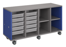 Load image into Gallery viewer, Mobile classroom storage featuring a four-column configuration with two columns of trays and two columns of cubbies, customizable laminate finishes, optional doors, and durable casters for flexible classroom storage.