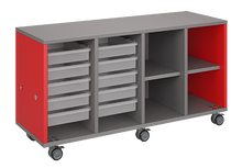 Load image into Gallery viewer, Mobile classroom storage featuring a four-column configuration with two columns of trays and two columns of cubbies, customizable laminate finishes, optional doors, and durable casters for flexible classroom storage.