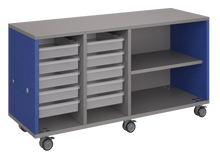 Load image into Gallery viewer, Mobile classroom storage with two columns of trays and one column of shelves, customizable laminate finishes, optional doors, and durable casters for flexible classroom storage.