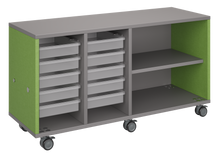 Load image into Gallery viewer, Mobile classroom storage with two columns of trays and one column of shelves, customizable laminate finishes, optional doors, and durable casters for flexible classroom storage.