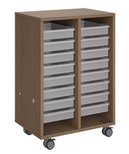 Load image into Gallery viewer, Mobile classroom storage unit with two tray columns, customizable laminate finishes, optional doors, and durable casters for organized, flexible storage.