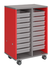 Load image into Gallery viewer, Mobile classroom storage unit with two tray columns, customizable laminate finishes, optional doors, and durable casters for organized, flexible storage.