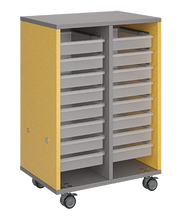 Load image into Gallery viewer, Mobile classroom storage unit with two tray columns, customizable laminate finishes, optional doors, and durable casters for organized, flexible storage.