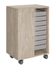 Load image into Gallery viewer, Mobile classroom storage unit with two tray columns, customizable laminate finishes, optional doors, and durable casters for organized, flexible storage.