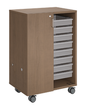 Load image into Gallery viewer, Mobile classroom storage unit with two tray columns, customizable laminate finishes, optional doors, and durable casters for organized, flexible storage.