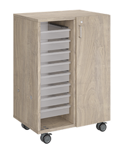 Load image into Gallery viewer, Mobile classroom storage unit with two tray columns, customizable laminate finishes, optional doors, and durable casters for organized, flexible storage.