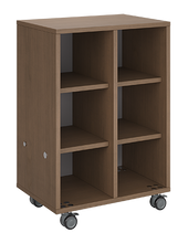 Load image into Gallery viewer, Mobile classroom storage with two cubby columns, customizable laminate finishes, optional doors, and durable casters for organized, flexible storage.