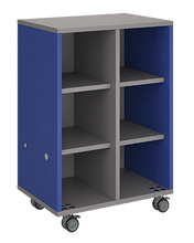 Load image into Gallery viewer, Mobile classroom storage with two cubby columns, customizable laminate finishes, optional doors, and durable casters for organized, flexible storage.