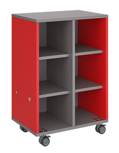 Load image into Gallery viewer, Mobile classroom storage with two cubby columns, customizable laminate finishes, optional doors, and durable casters for organized, flexible storage.