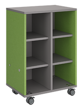 Load image into Gallery viewer, Mobile classroom storage with two cubby columns, customizable laminate finishes, optional doors, and durable casters for organized, flexible storage.