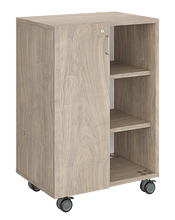 Load image into Gallery viewer, Mobile classroom storage with two cubby columns, customizable laminate finishes, optional doors, and durable casters for organized, flexible storage.