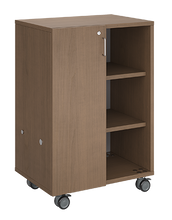 Load image into Gallery viewer, Mobile classroom storage with two cubby columns, customizable laminate finishes, optional doors, and durable casters for organized, flexible storage.