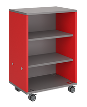 Load image into Gallery viewer, Mobile classroom storage unit with all-shelf configuration, customizable laminate finishes, optional doors, and durable casters for organized, flexible storage.
