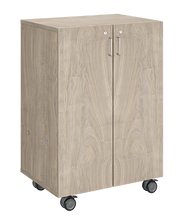 Load image into Gallery viewer, Mobile classroom storage unit with all-shelf configuration, customizable laminate finishes, optional doors, and durable casters for organized, flexible storage.