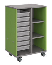 Load image into Gallery viewer, Mobile classroom storage unit with one tray column and one cubby column, customizable laminate finishes, optional doors, and durable casters for organized, flexible storage.