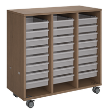 Load image into Gallery viewer, Mobile classroom storage unit with a three-column, all-tray configuration, customizable laminate finishes, optional doors, and durable casters.