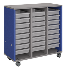 Load image into Gallery viewer, Mobile classroom storage unit with a three-column, all-tray configuration, customizable laminate finishes, optional doors, and durable casters.
