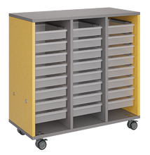 Load image into Gallery viewer, Mobile classroom storage unit with a three-column, all-tray configuration, customizable laminate finishes, optional doors, and durable casters.
