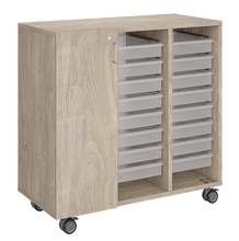 Load image into Gallery viewer, Mobile classroom storage unit with a three-column, all-tray configuration, customizable laminate finishes, optional doors, and durable casters.