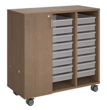Load image into Gallery viewer, Mobile classroom storage unit with a three-column, all-tray configuration, customizable laminate finishes, optional doors, and durable casters.