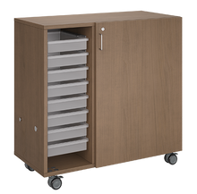 Load image into Gallery viewer, Mobile classroom storage unit with a three-column, all-tray configuration, customizable laminate finishes, optional doors, and durable casters.
